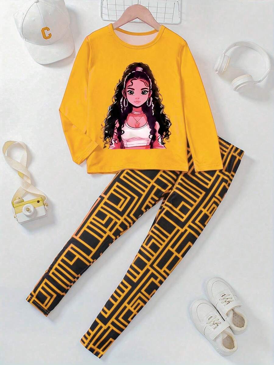 2 pièces Ensemble t-shirt à col rond et pantalon imprimé graphique mignon pour jeune fille, décontracté