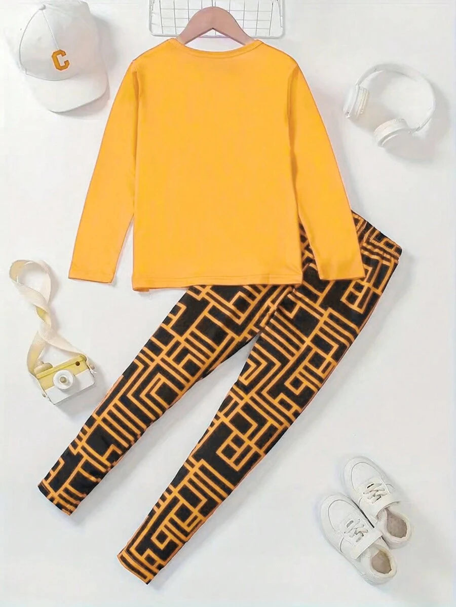 2 pièces Ensemble t-shirt à col rond et pantalon imprimé graphique mignon pour jeune fille, décontracté