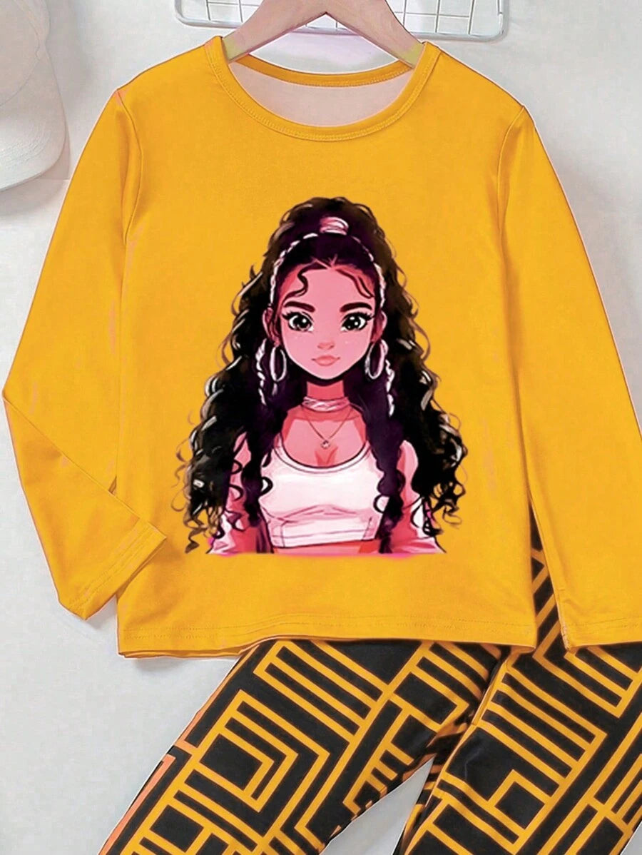 2 pièces Ensemble t-shirt à col rond et pantalon imprimé graphique mignon pour jeune fille, décontracté