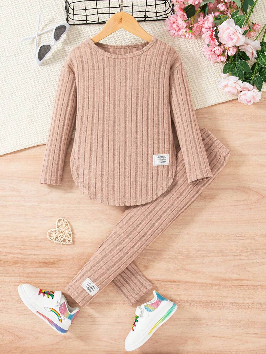 Ensemble chemise à manches longues et pantalon côtelés unicolore, simple, pour jeune fille