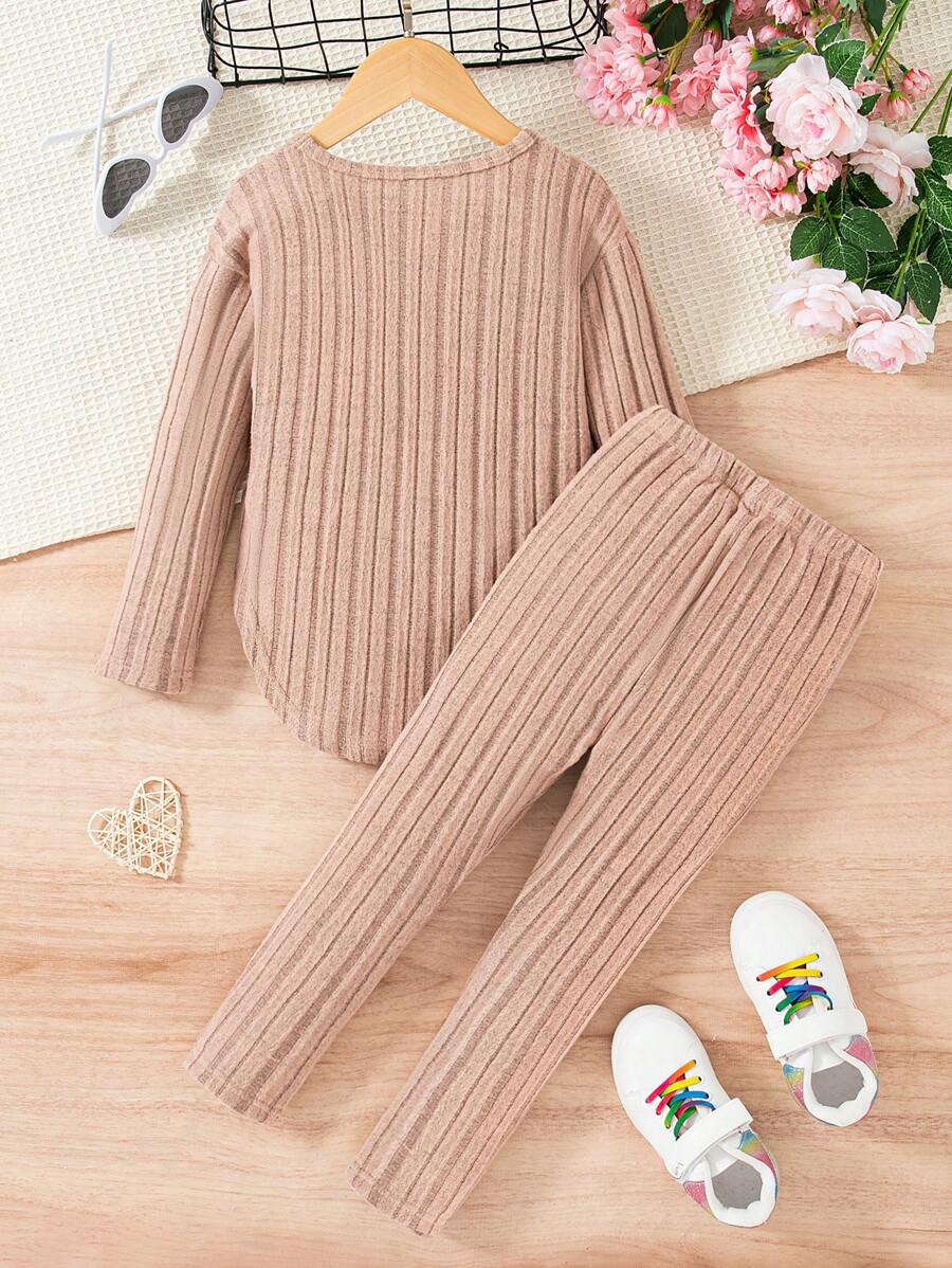 Ensemble chemise à manches longues et pantalon côtelés unicolore, simple, pour jeune fille