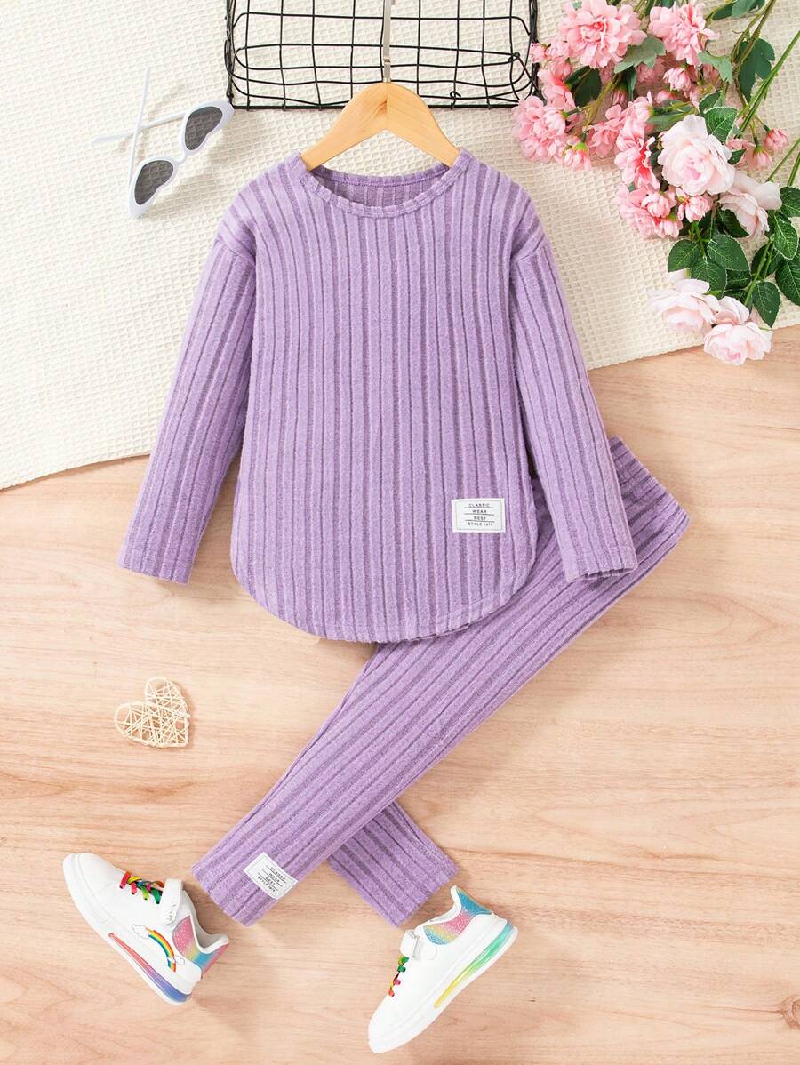 Ensemble chemise à manches longues et pantalon côtelés unicolore, simple, pour jeune fille