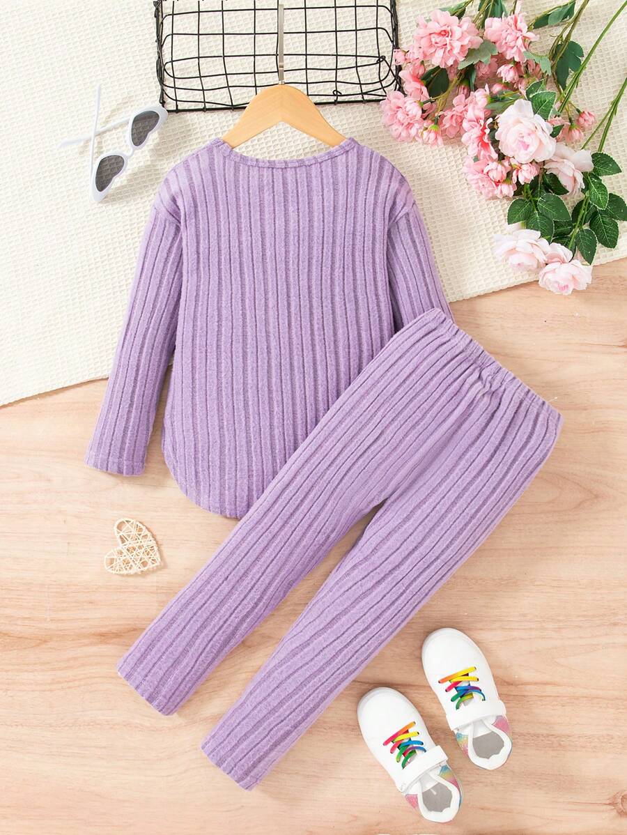Ensemble chemise à manches longues et pantalon côtelés unicolore, simple, pour jeune fille