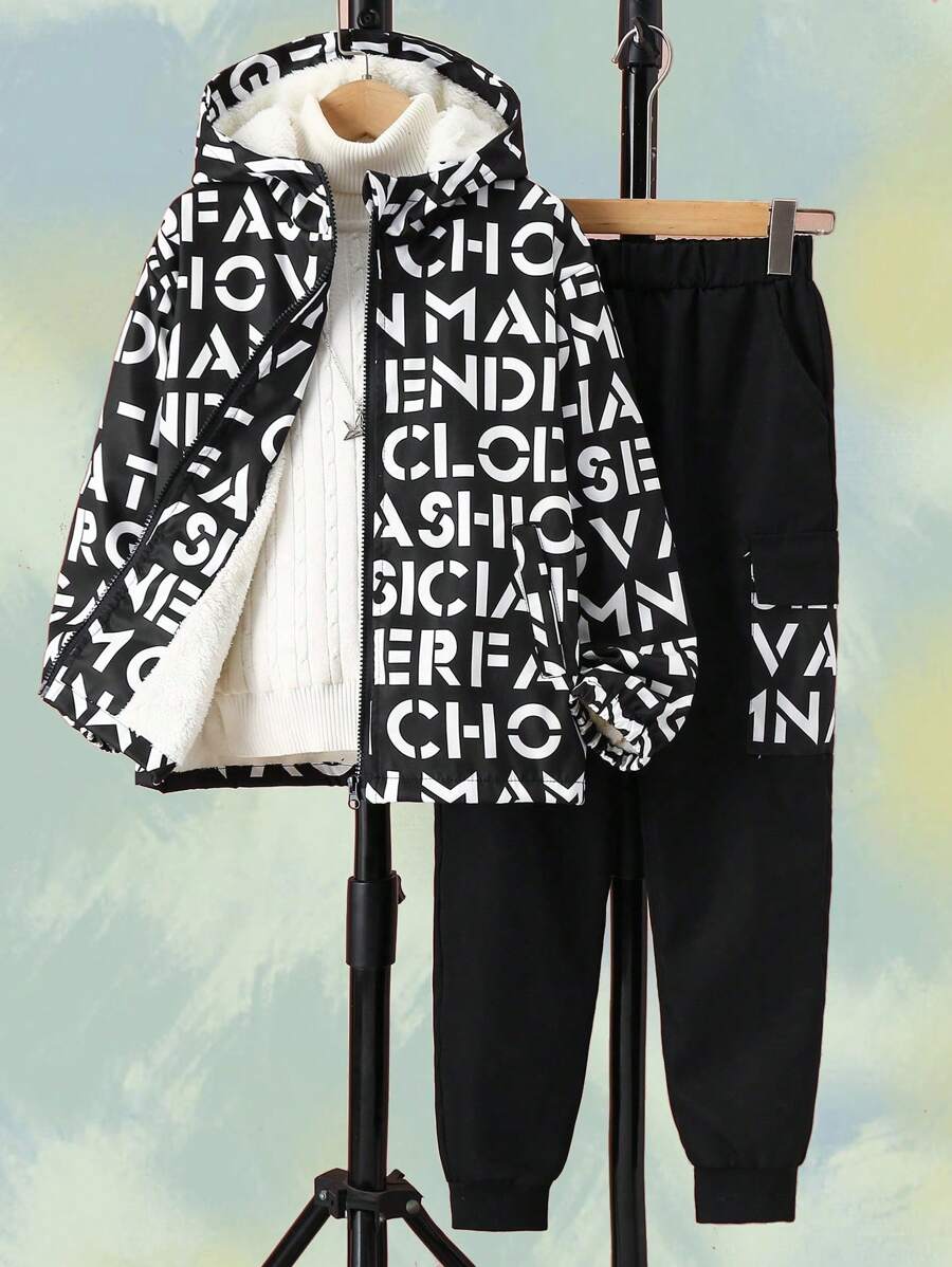 2 pièces/Ensemble adolecent Boy Décontracté Mode Imprimé Lettre Veste Matelassée & Pantalon Cargo, Automne/Hiver