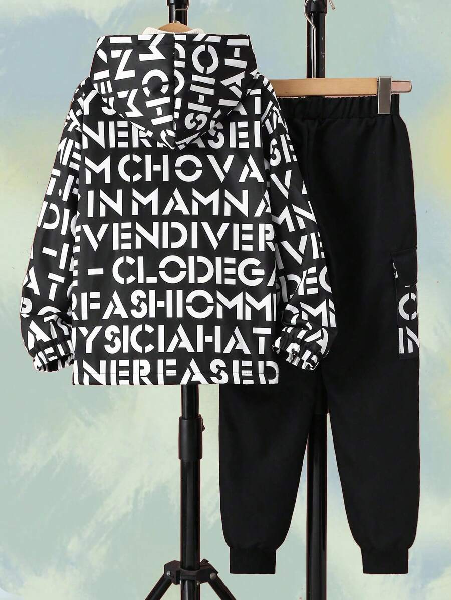 2 pièces/Ensemble adolecent Boy Décontracté Mode Imprimé Lettre Veste Matelassée & Pantalon Cargo, Automne/Hiver