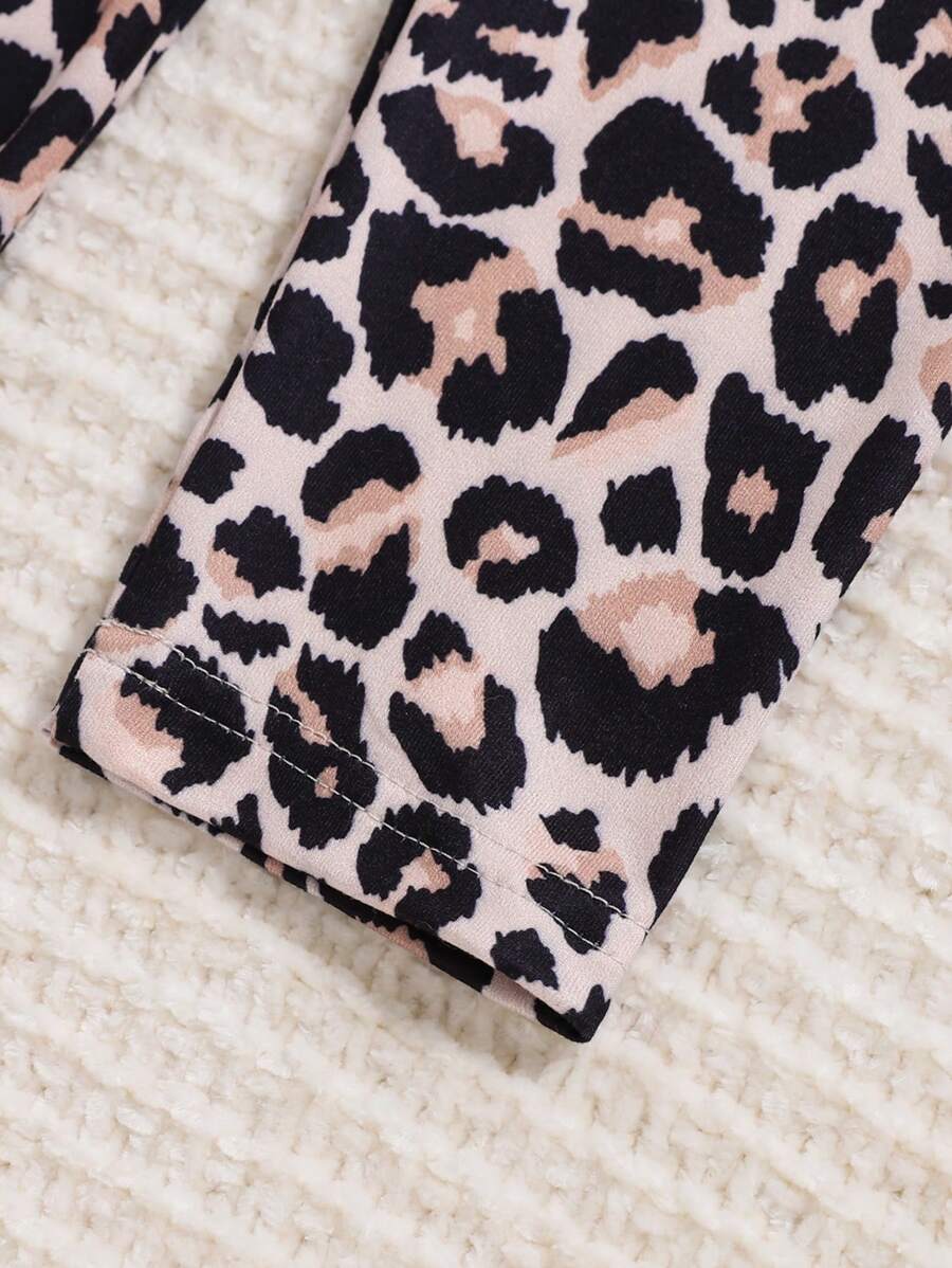 Ensemble 2 pièces Sweat-shirt à capuche imprimé lettre casual et pantalon léopard pour jeune fille, adapté pour le printemps et l'automne