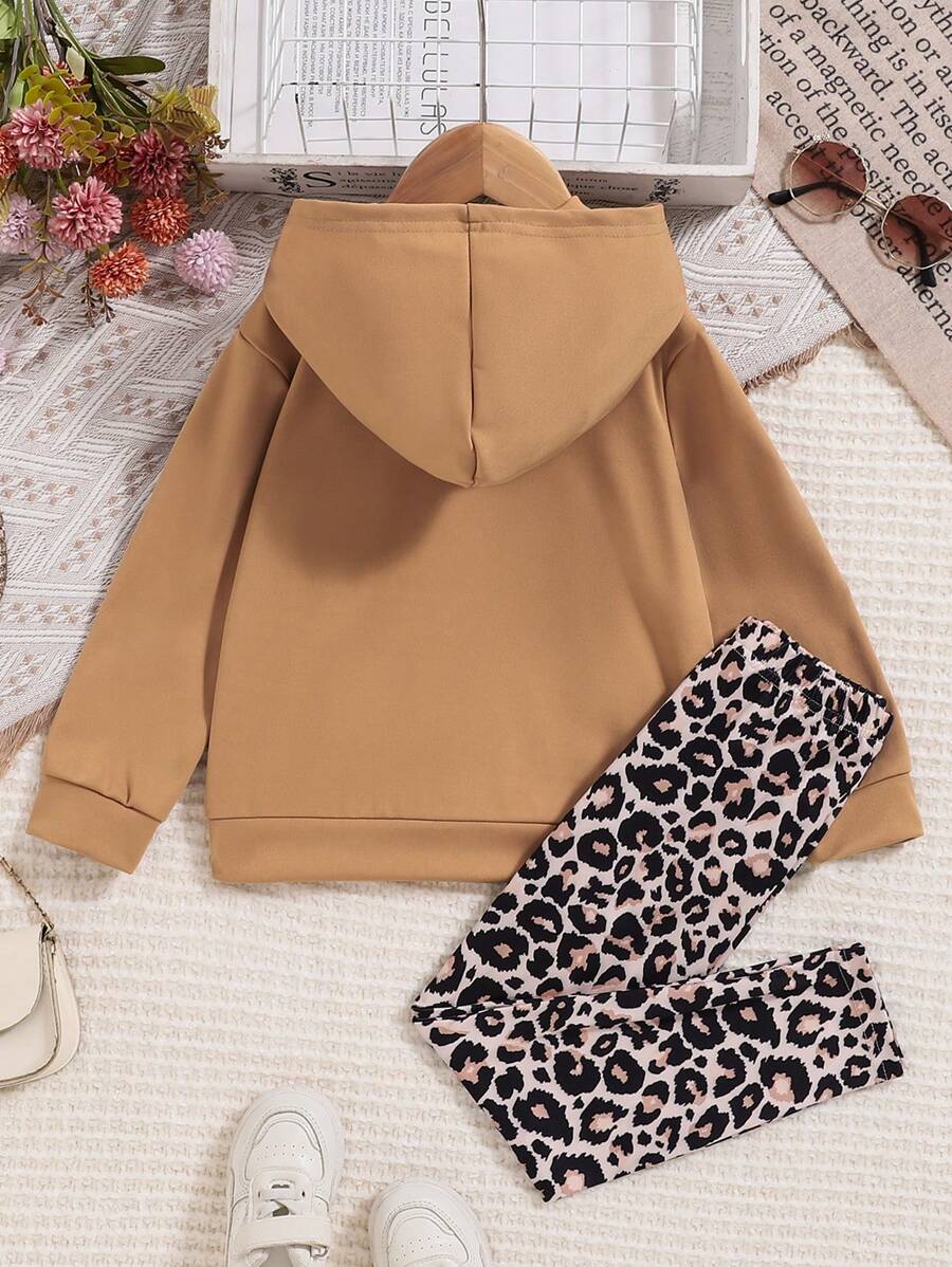 Ensemble 2 pièces Sweat-shirt à capuche imprimé lettre casual et pantalon léopard pour jeune fille, adapté pour le printemps et l'automne