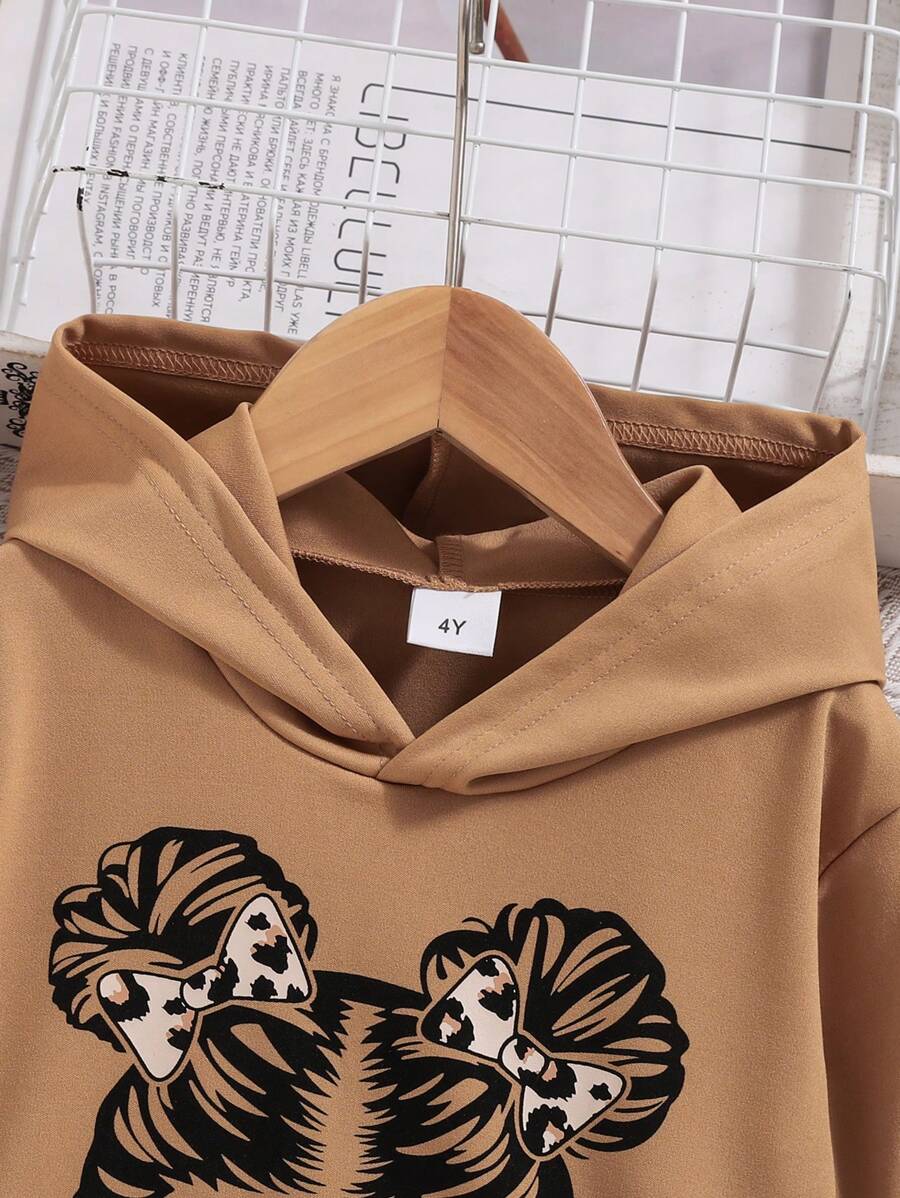Ensemble 2 pièces Sweat-shirt à capuche imprimé lettre casual et pantalon léopard pour jeune fille, adapté pour le printemps et l'automne