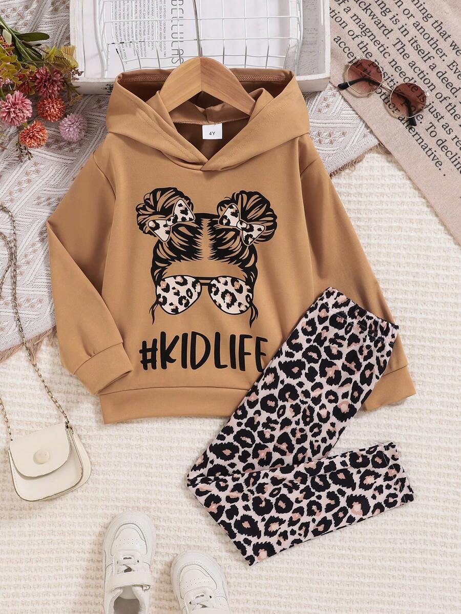 Ensemble 2 pièces Sweat-shirt à capuche imprimé lettre casual et pantalon léopard pour jeune fille, adapté pour le printemps et l'automne