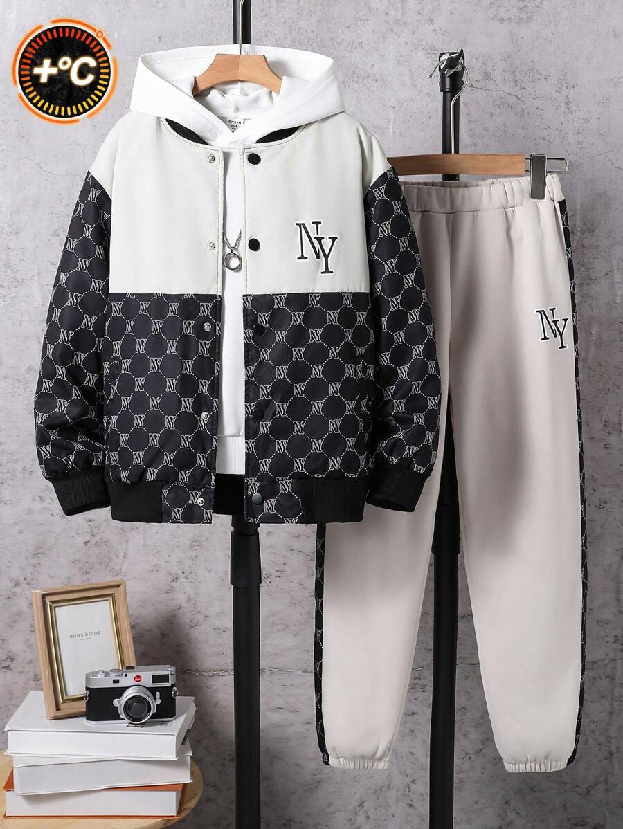 2 pièces/Set Veste à imprimé et pantalon long casual pour garçon préadolescent