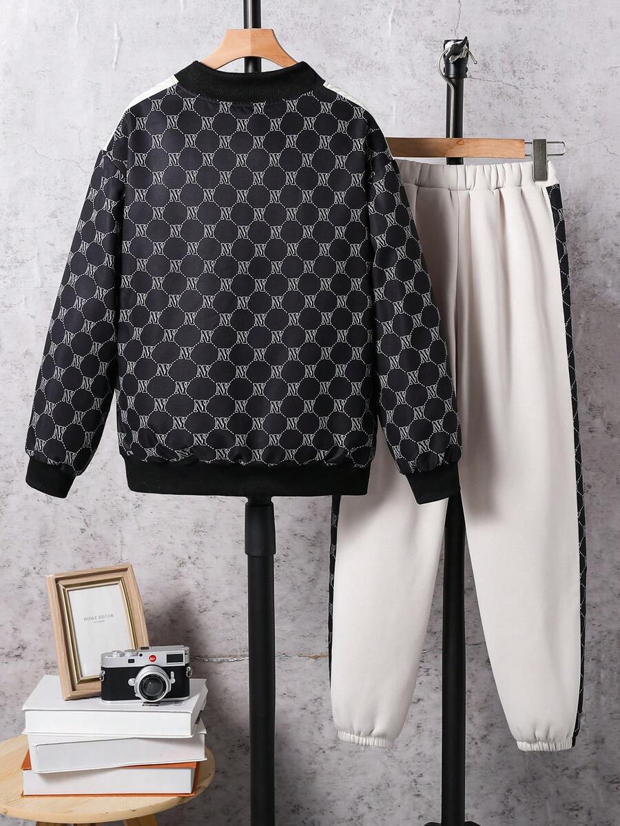 2 pièces/Set Veste à imprimé et pantalon long casual pour garçon préadolescent