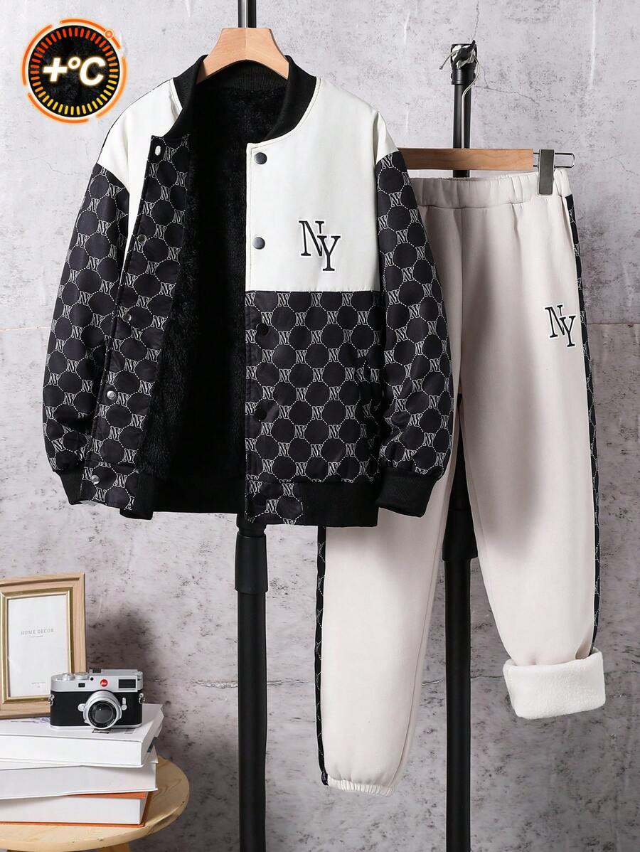 2 pièces/Set Veste à imprimé et pantalon long casual pour garçon préadolescent