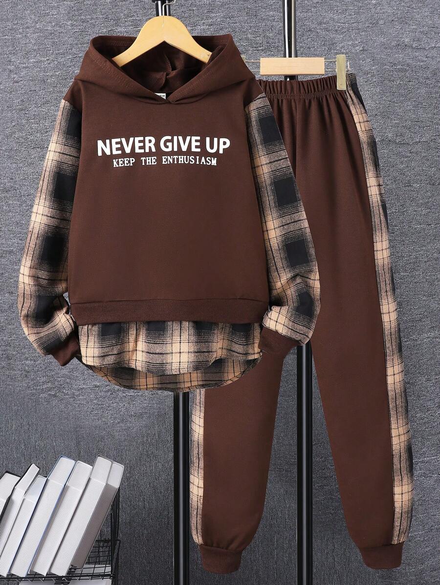 2 pièces Ensemble casual de sweat-shirt à capuche et pantalon pour pré-adolescent garçon avec impression de bloc couleur et lettres