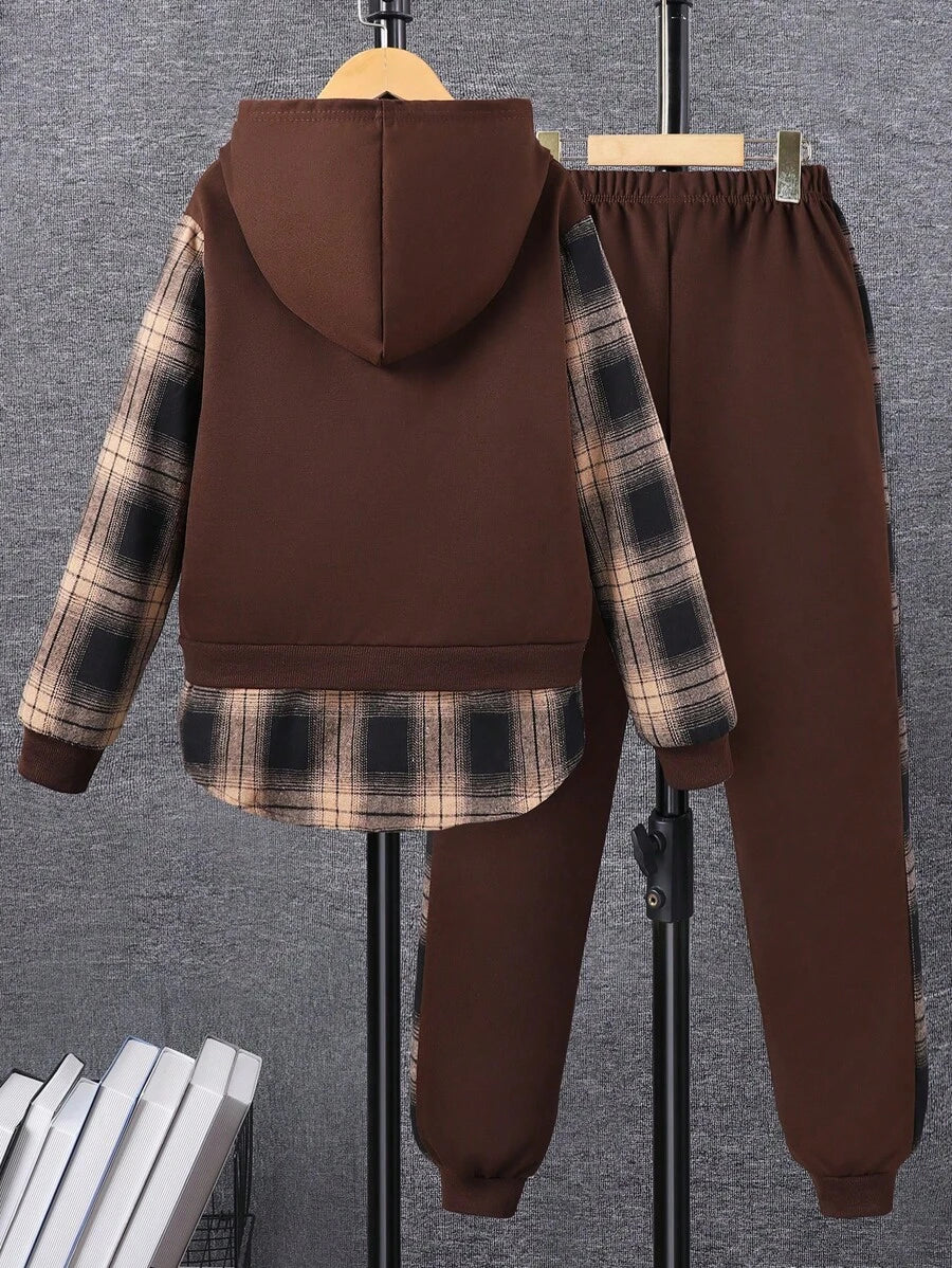 2 pièces Ensemble casual de sweat-shirt à capuche et pantalon pour pré-adolescent garçon avec impression de bloc couleur et lettres