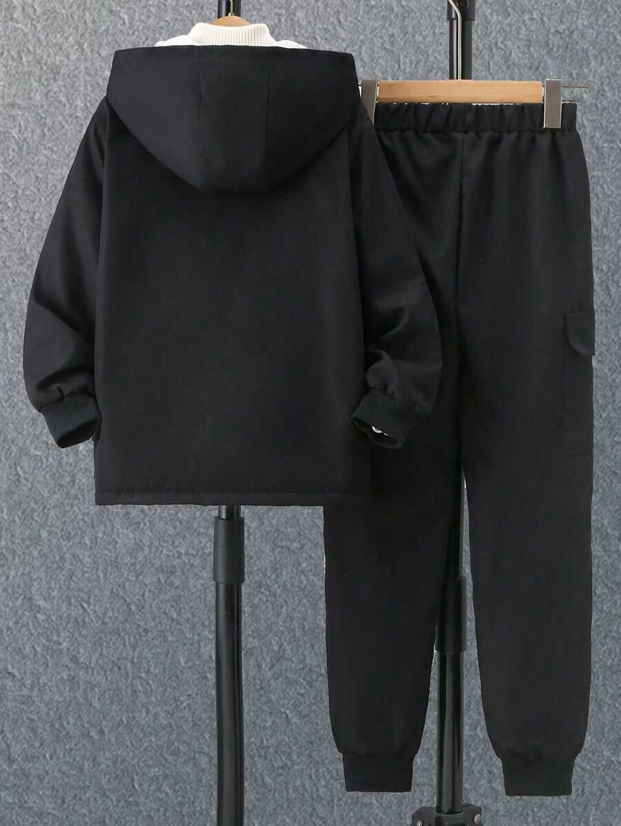 2 pièces Ensemble de veste à capuche doublée thermique et pantalon cargo décontracté pour pré-adolescents, Tenue d'hiver