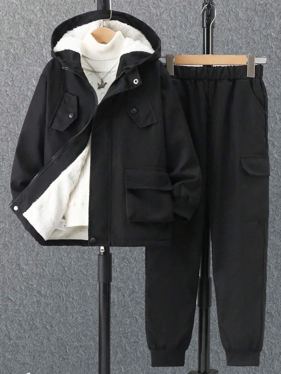 2 pièces Ensemble de veste à capuche doublée thermique et pantalon cargo décontracté pour pré-adolescents, Tenue d'hiver