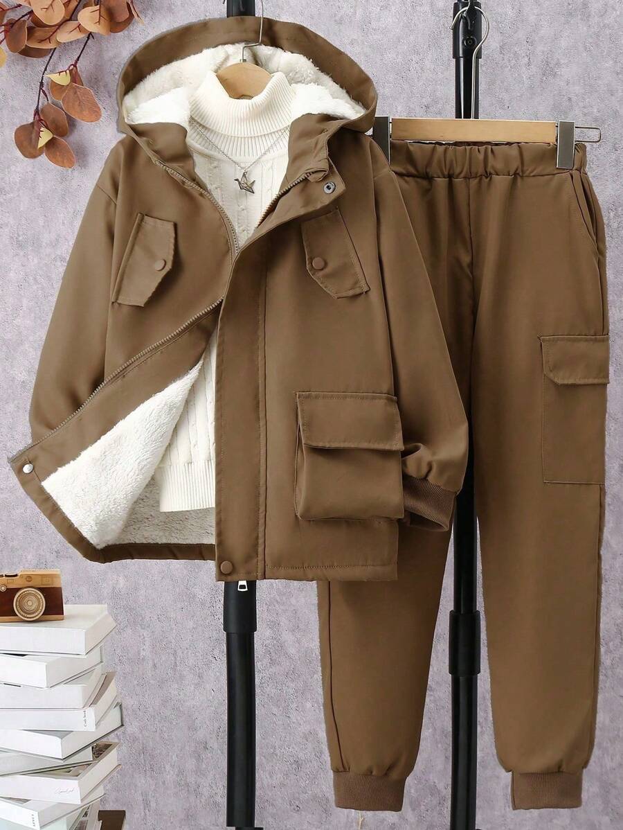 2 pièces Ensemble de veste à capuche doublée thermique et pantalon cargo décontracté pour pré-adolescents, Tenue d'hiver