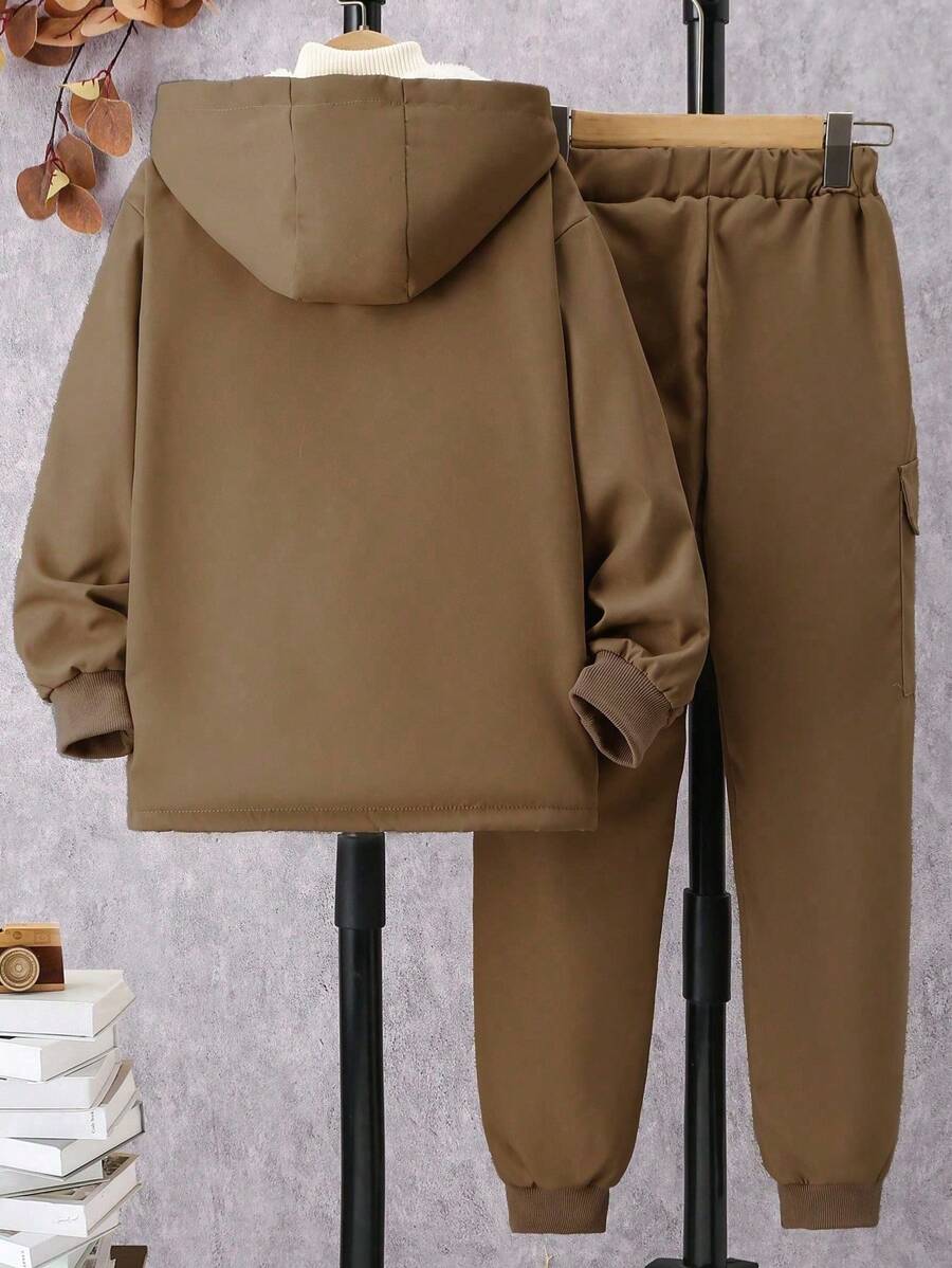 2 pièces Ensemble de veste à capuche doublée thermique et pantalon cargo décontracté pour pré-adolescents, Tenue d'hiver