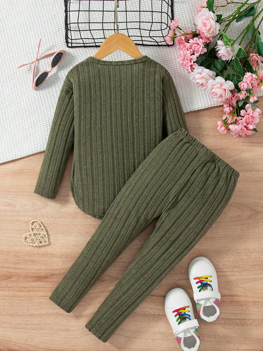 Ensemble chemise à manches longues et pantalon côtelés unicolore, simple, pour jeune fille