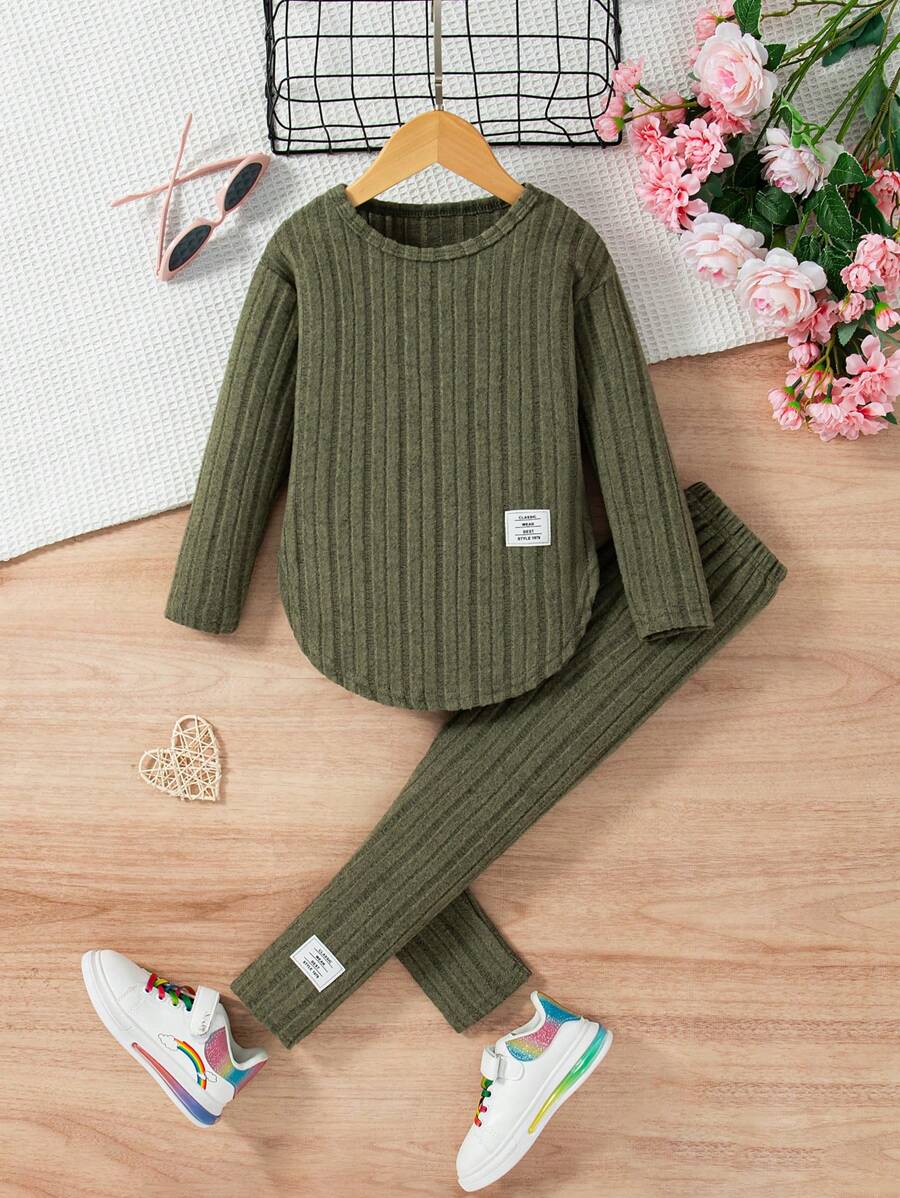 Ensemble chemise à manches longues et pantalon côtelés unicolore, simple, pour jeune fille
