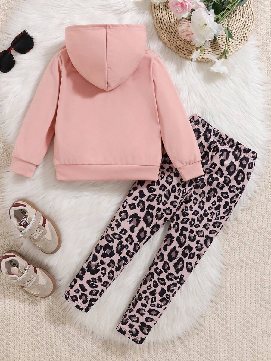 Ensemble 2 pièces Sweat-shirt à capuche imprimé lettre casual et pantalon léopard pour jeune fille, adapté pour le printemps et l'automne