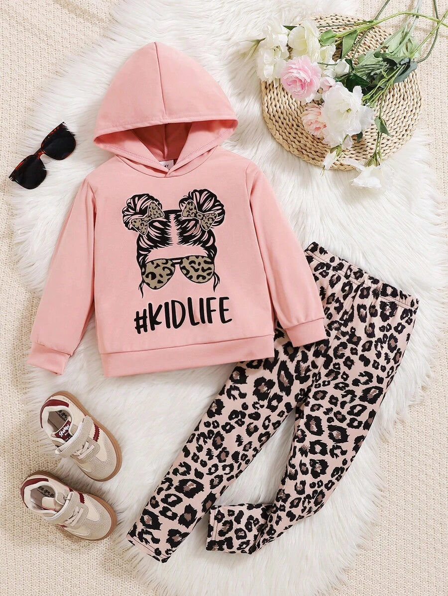 Ensemble 2 pièces Sweat-shirt à capuche imprimé lettre casual et pantalon léopard pour jeune fille, adapté pour le printemps et l'automne