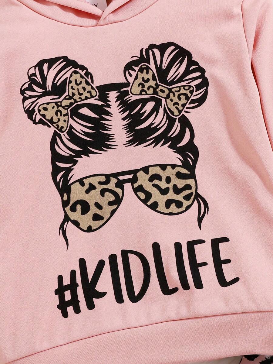 Ensemble 2 pièces Sweat-shirt à capuche imprimé lettre casual et pantalon léopard pour jeune fille, adapté pour le printemps et l'automne
