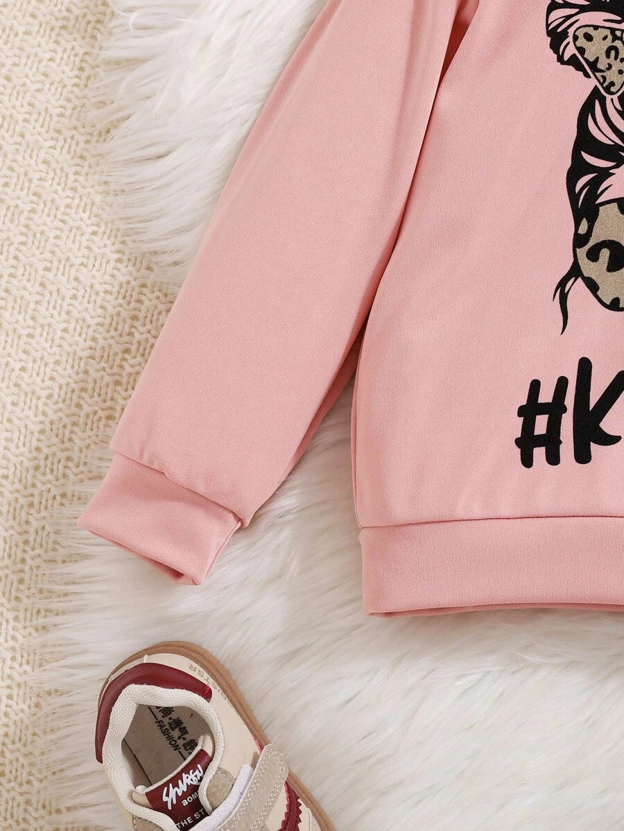 Ensemble 2 pièces Sweat-shirt à capuche imprimé lettre casual et pantalon léopard pour jeune fille, adapté pour le printemps et l'automne