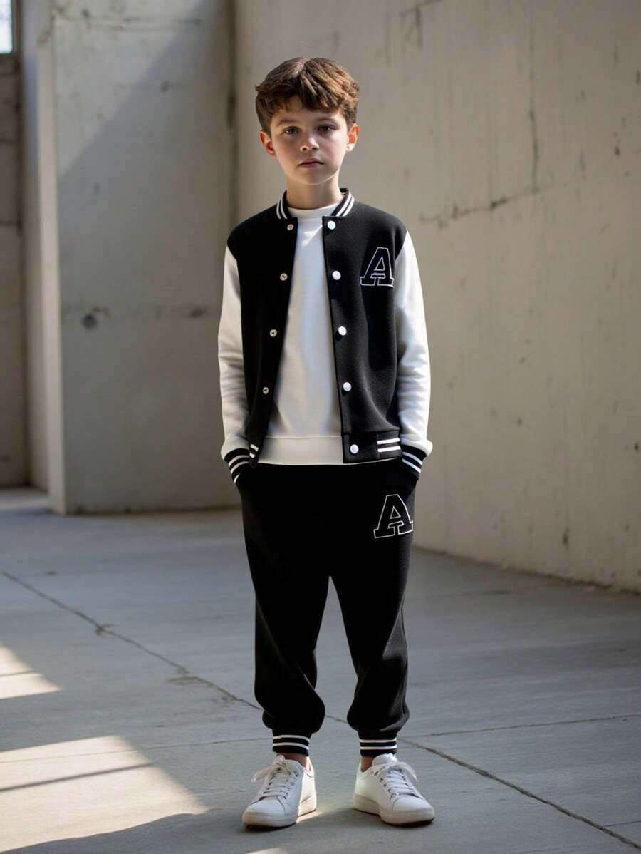 Veste Deux Pièces Pour Garçon Préadolescent Avec Patchs De Lettres Cool Pour L'automne / L'hiver