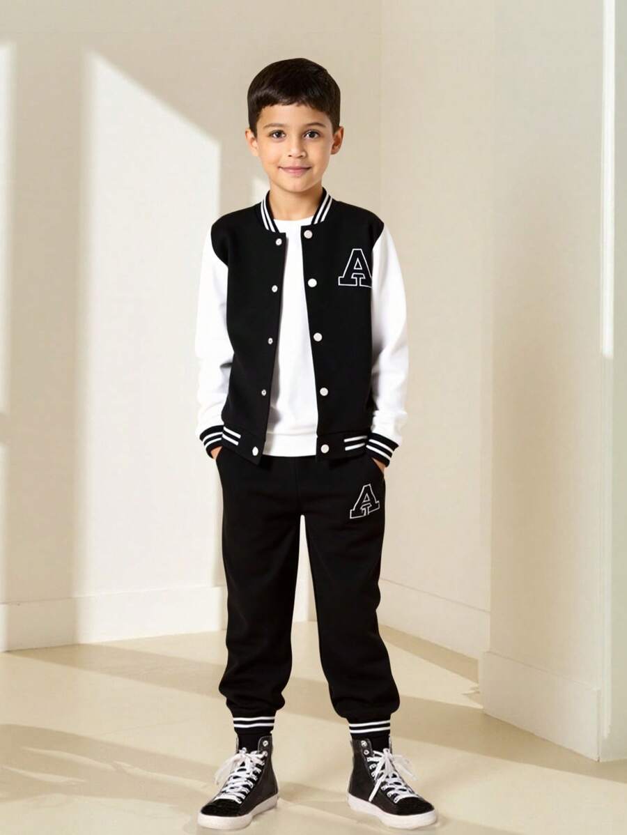 Veste Deux Pièces Pour Garçon Préadolescent Avec Patchs De Lettres Cool Pour L'automne / L'hiver