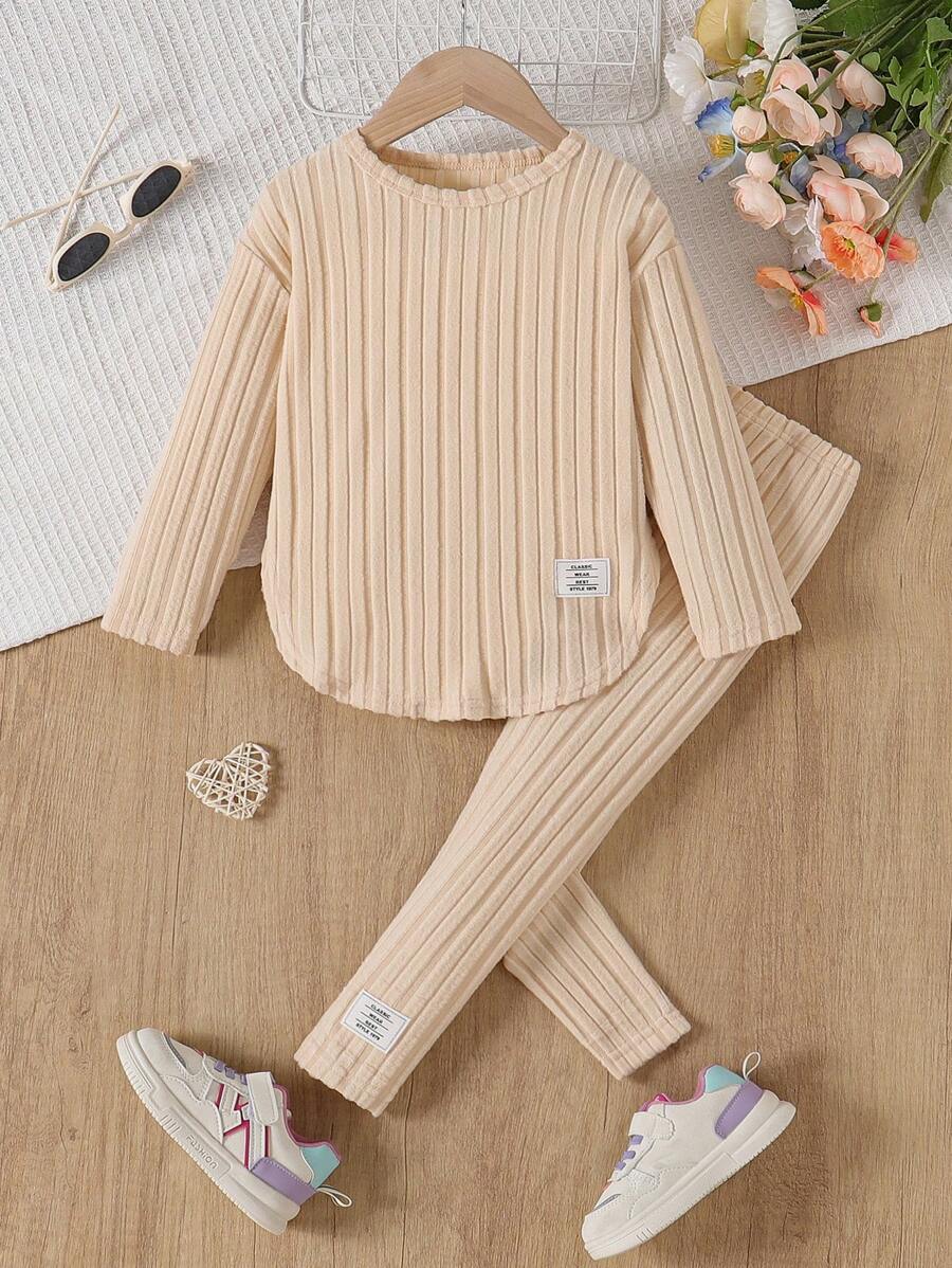 Ensemble chemise à manches longues et pantalon côtelés unicolore, simple, pour jeune fille