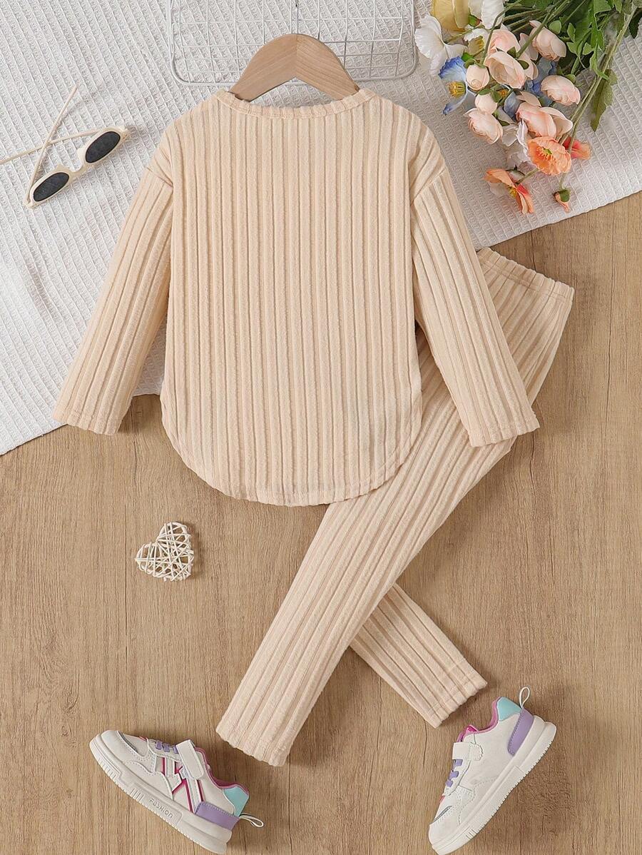 Ensemble chemise à manches longues et pantalon côtelés unicolore, simple, pour jeune fille