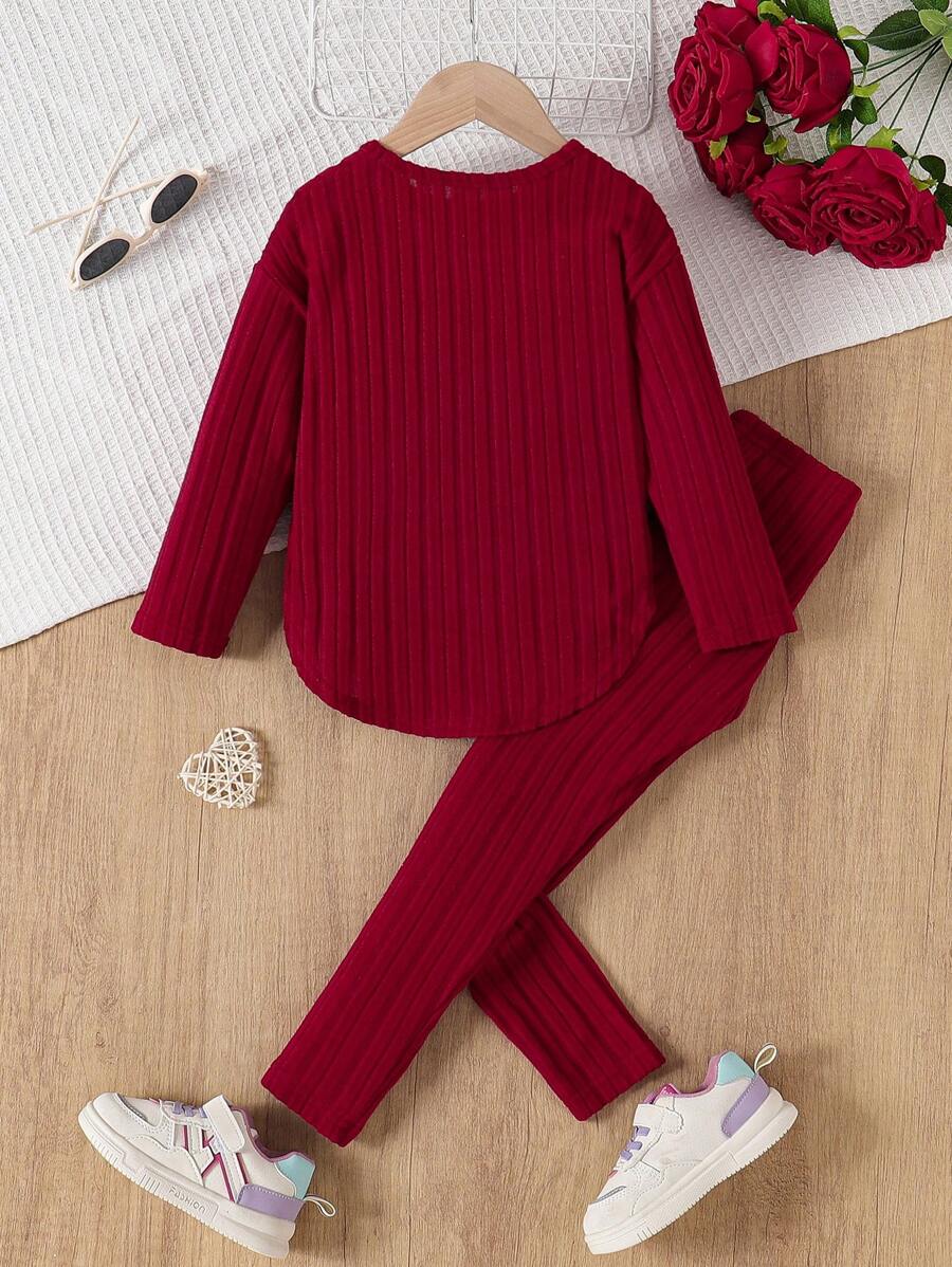 Ensemble chemise à manches longues et pantalon côtelés unicolore, simple, pour jeune fille