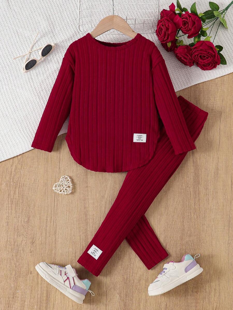 Ensemble chemise à manches longues et pantalon côtelés unicolore, simple, pour jeune fille
