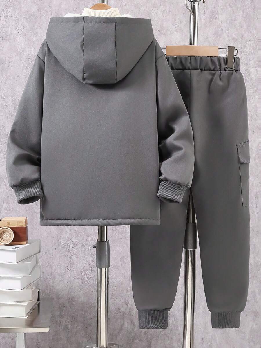2 pièces Ensemble de veste à capuche doublée thermique et pantalon cargo décontracté pour pré-adolescents, Tenue d'hiver