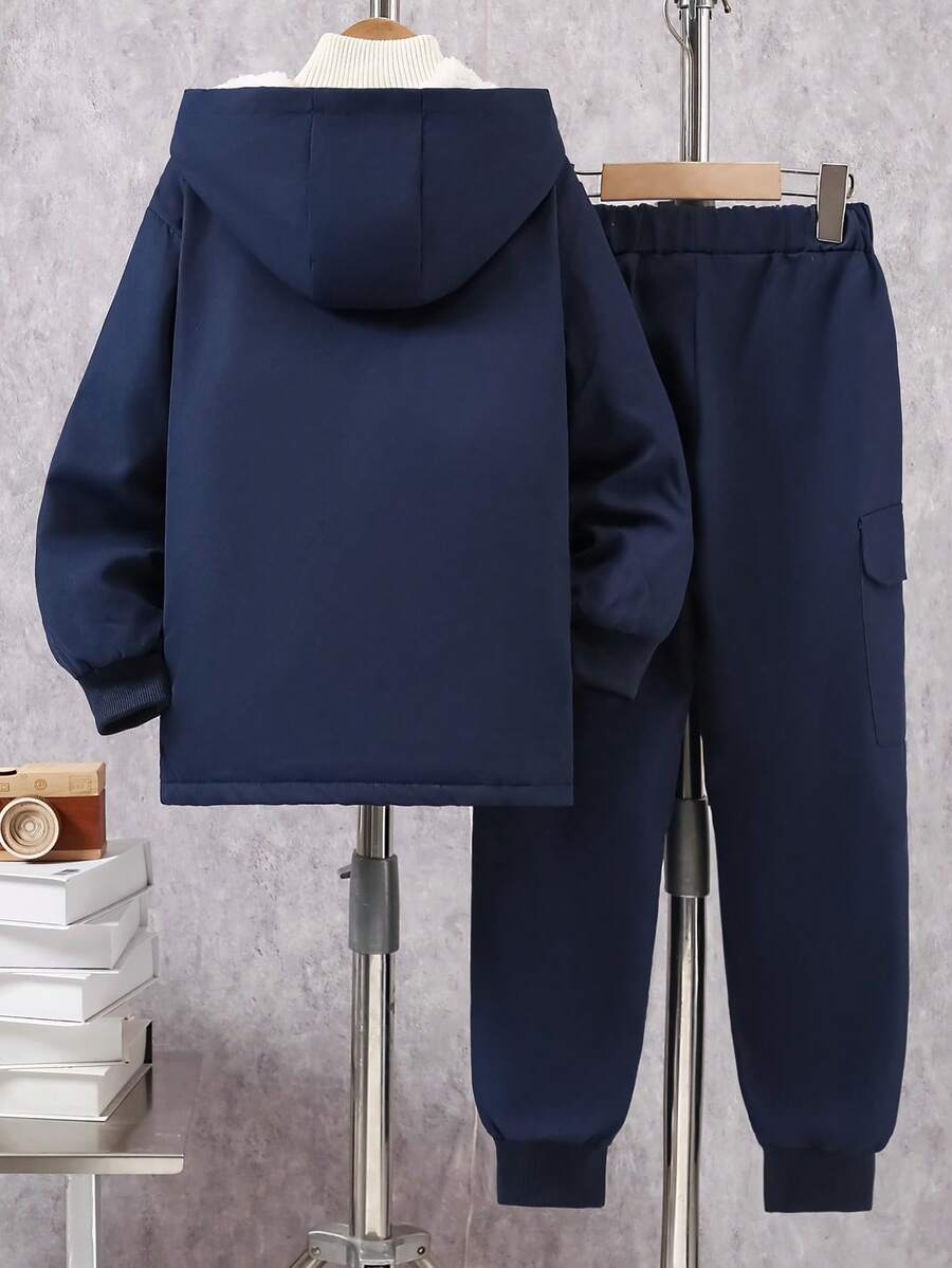 2 pièces Ensemble de veste à capuche doublée thermique et pantalon cargo décontracté pour pré-adolescents, Tenue d'hiver