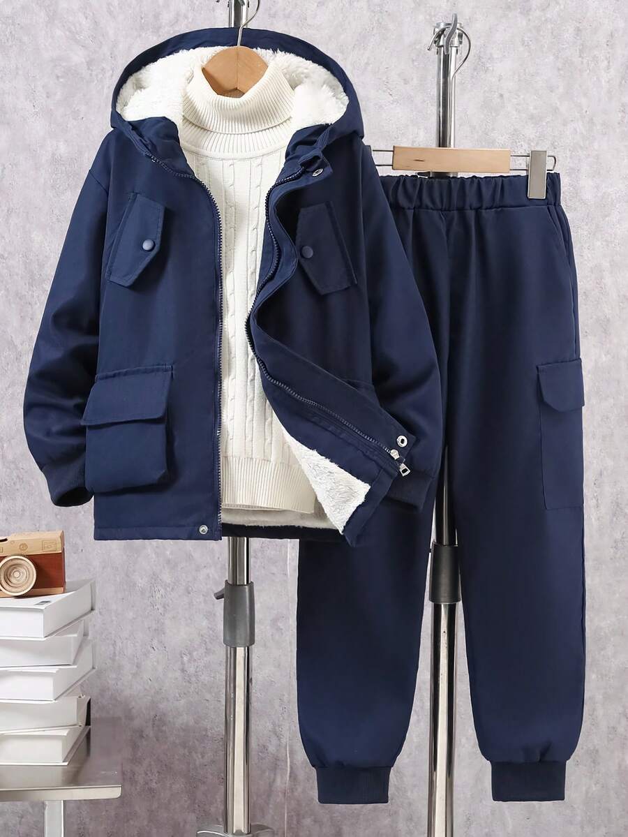 2 pièces Ensemble de veste à capuche doublée thermique et pantalon cargo décontracté pour pré-adolescents, Tenue d'hiver