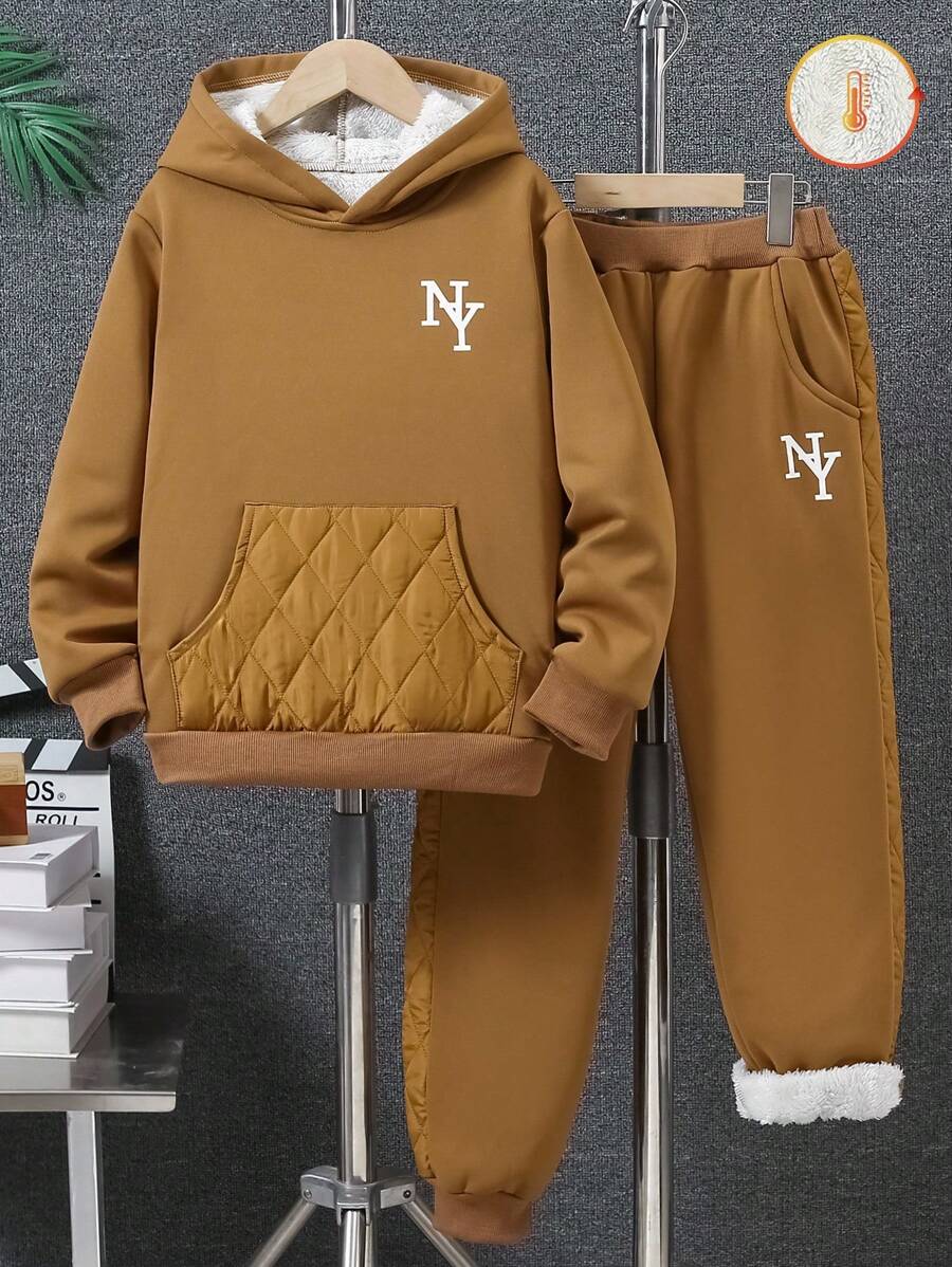 Adolescent Garçon Pantalon De Survêtement & Sweat-shirt À Capuche À Lettres À Poche Kangourou À Doublure Thermique