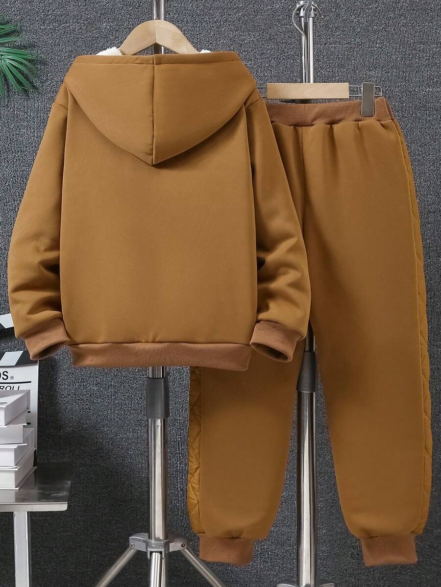 Adolescent Garçon Pantalon De Survêtement & Sweat-shirt À Capuche À Lettres À Poche Kangourou À Doublure Thermique