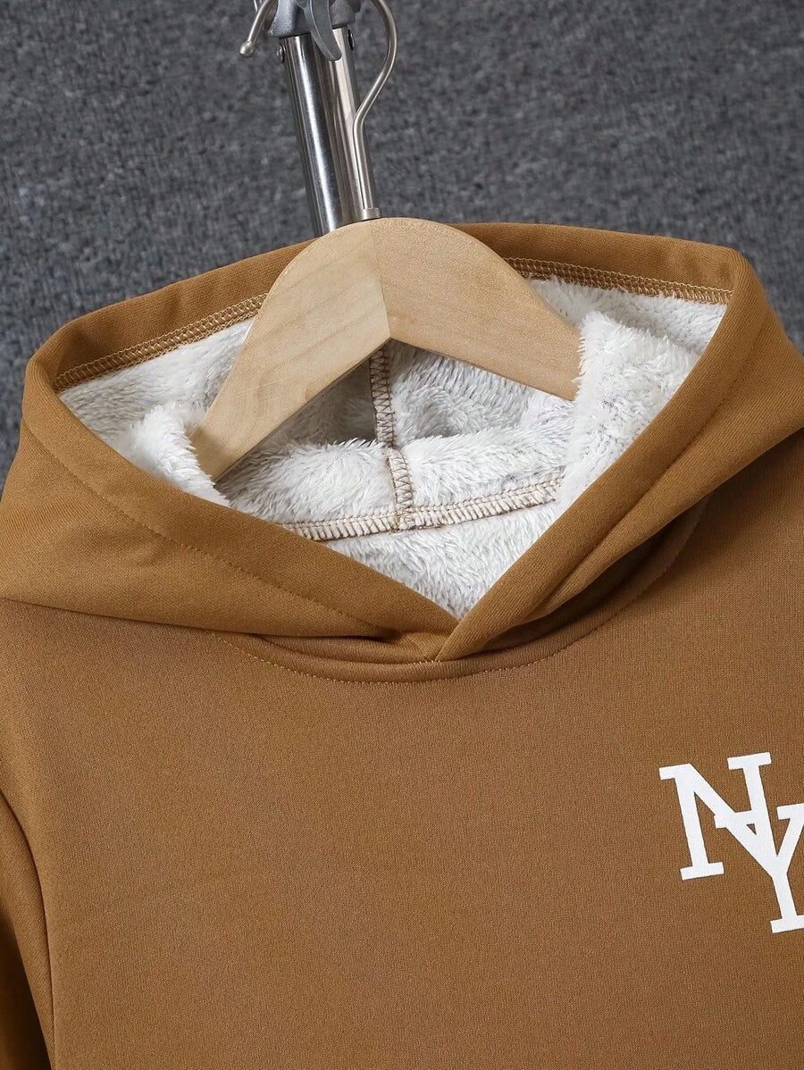 Adolescent Garçon Pantalon De Survêtement & Sweat-shirt À Capuche À Lettres À Poche Kangourou À Doublure Thermique