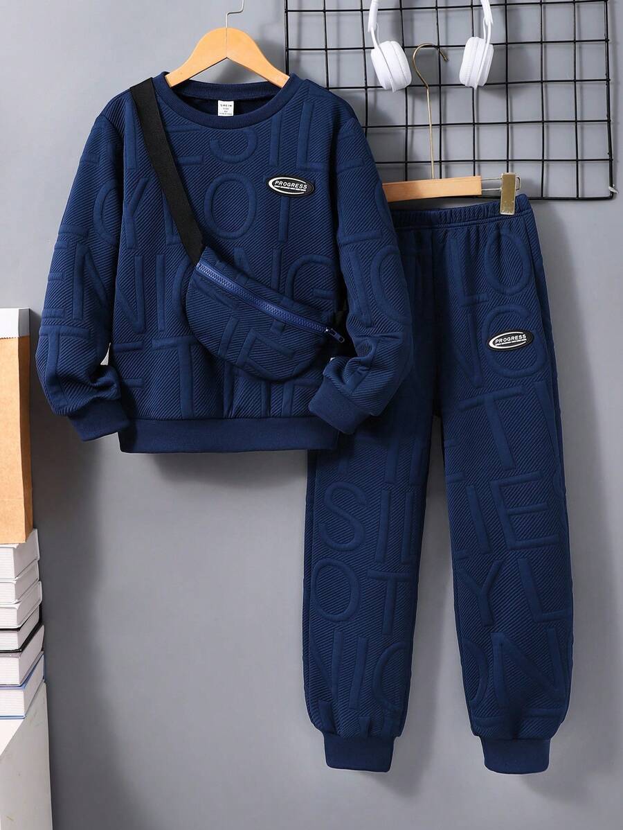 3 pièces/Set Sweat-shirt-shirt texturé avec lettrage, pantalon de survêtement et sac à dos pour pré-adolescents (peuvent être vendus séparément)