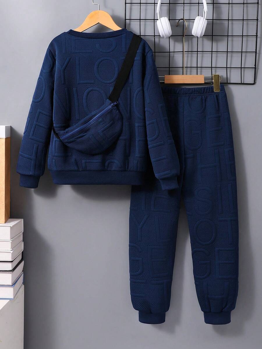 3 pièces/Set Sweat-shirt-shirt texturé avec lettrage, pantalon de survêtement et sac à dos pour pré-adolescents (peuvent être vendus séparément)