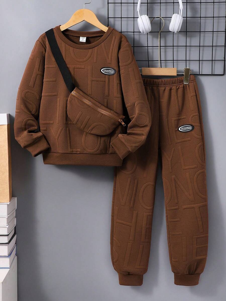 3 pièces/Set Sweat-shirt-shirt texturé avec lettrage, pantalon de survêtement et sac à dos pour pré-adolescents (peuvent être vendus séparément)
