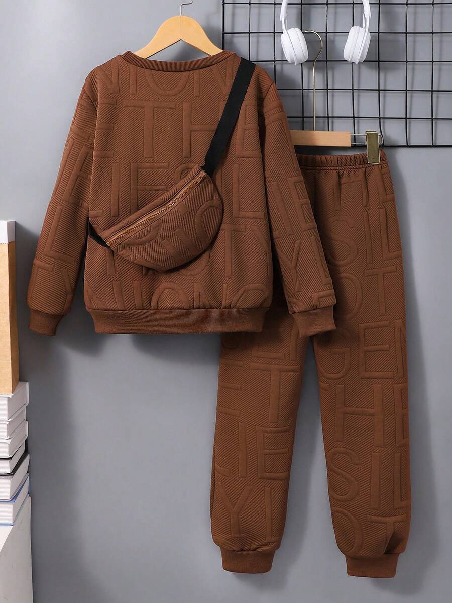3 pièces/Set Sweat-shirt-shirt texturé avec lettrage, pantalon de survêtement et sac à dos pour pré-adolescents (peuvent être vendus séparément)