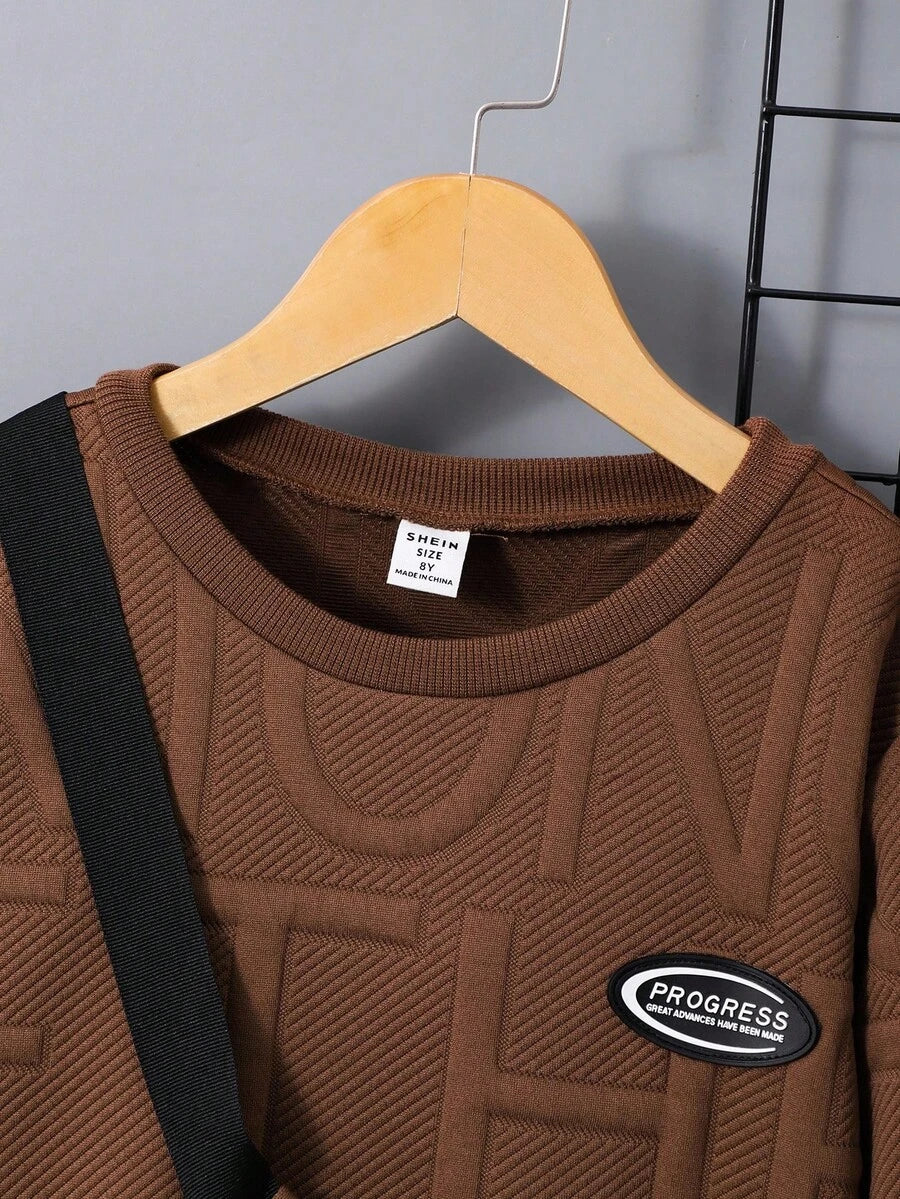3 pièces/Set Sweat-shirt-shirt texturé avec lettrage, pantalon de survêtement et sac à dos pour pré-adolescents (peuvent être vendus séparément)
