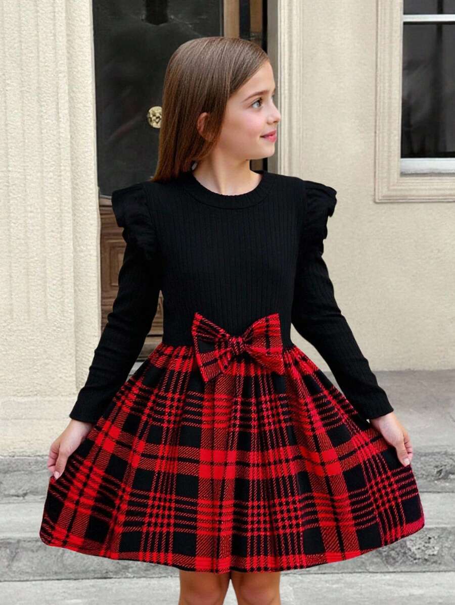 Serisse Kids Robe à manches longues pour fillettes avec imprimé à carreaux mélangés, nœud et volants, pour Noël