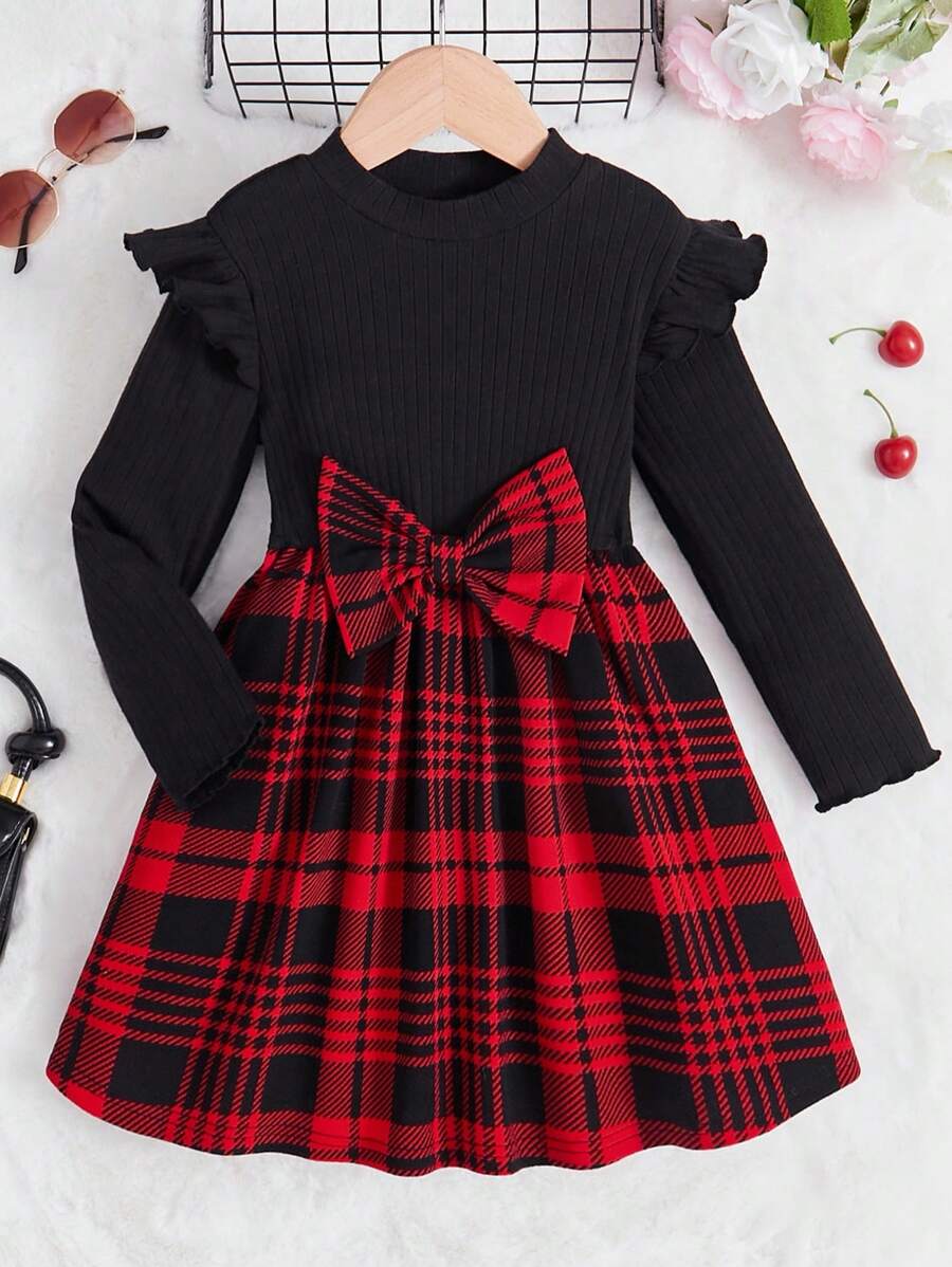 Serisse Kids Robe à manches longues pour fillettes avec imprimé à carreaux mélangés, nœud et volants, pour Noël
