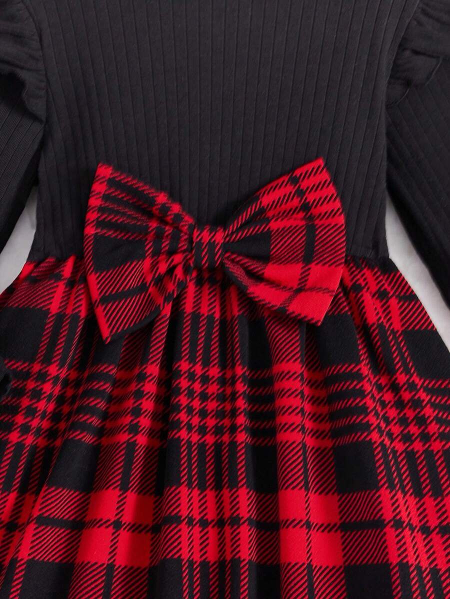 Serisse Kids Robe à manches longues pour fillettes avec imprimé à carreaux mélangés, nœud et volants, pour Noël
