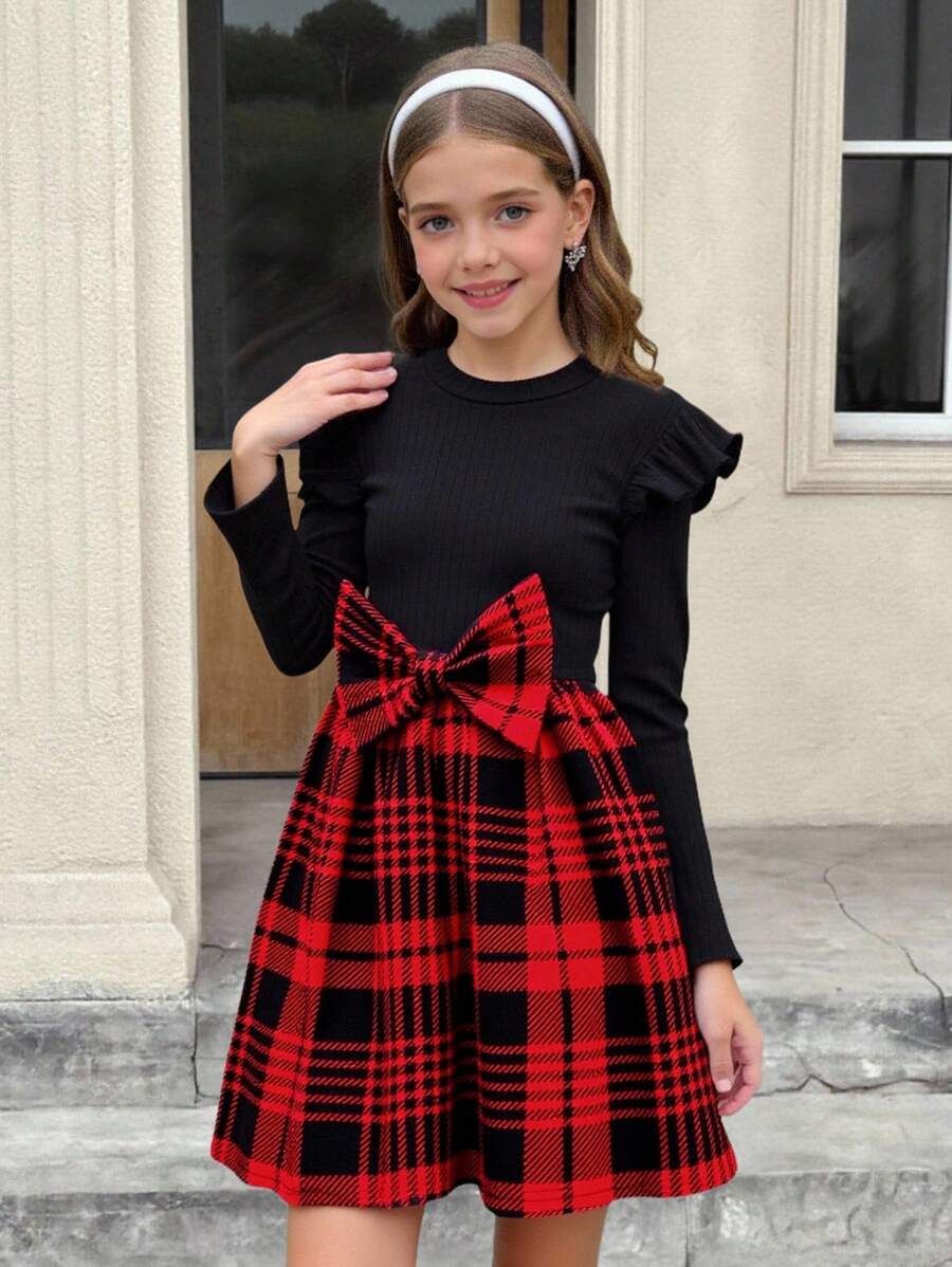 Serisse Kids Robe à manches longues pour fillettes avec imprimé à carreaux mélangés, nœud et volants, pour Noël