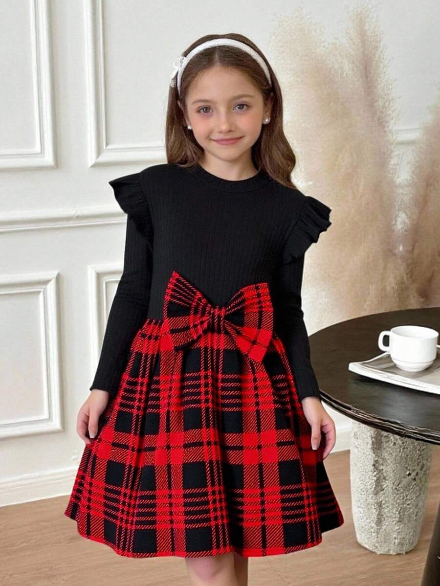 Serisse Kids Robe à manches longues pour fillettes avec imprimé à carreaux mélangés, nœud et volants, pour Noël
